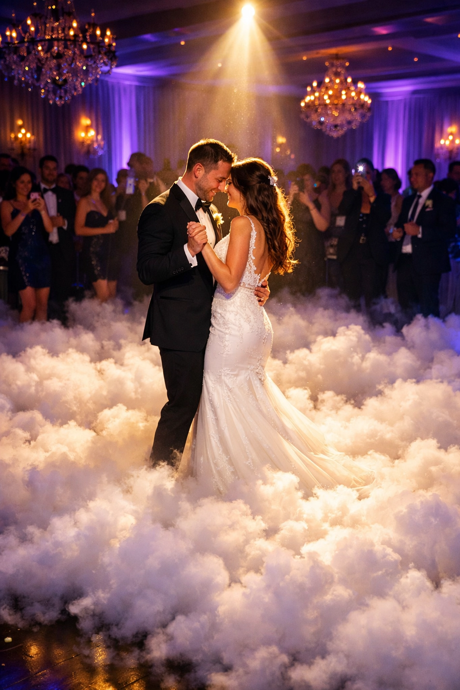 Bride and groom first dance with Dancing on Clouds fog effect at wedding reception