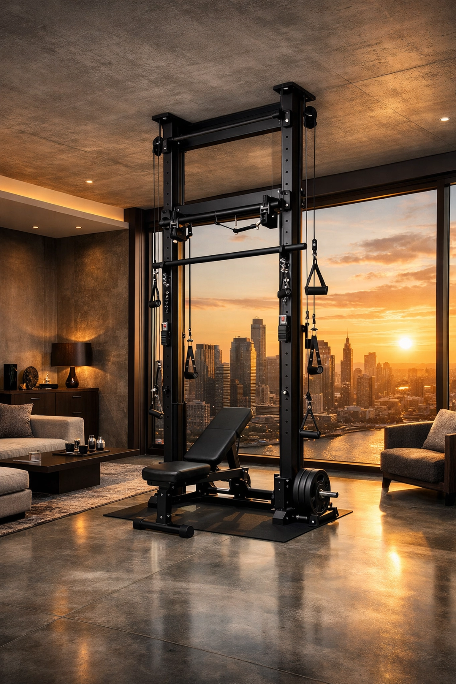 Versatile floor to ceiling gym system for high-performance home workouts without wall damage.