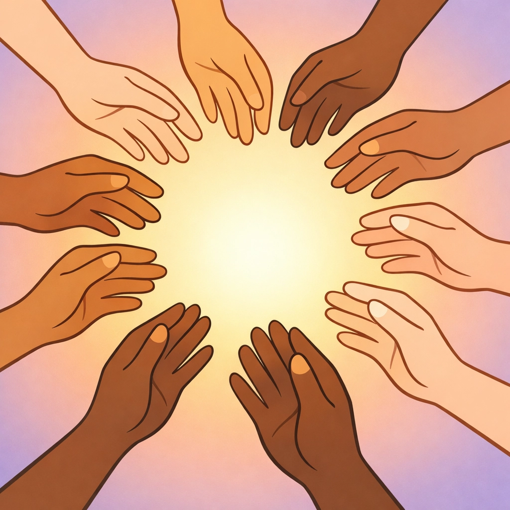Diverse hands reaching together representing Christian community support and prayer