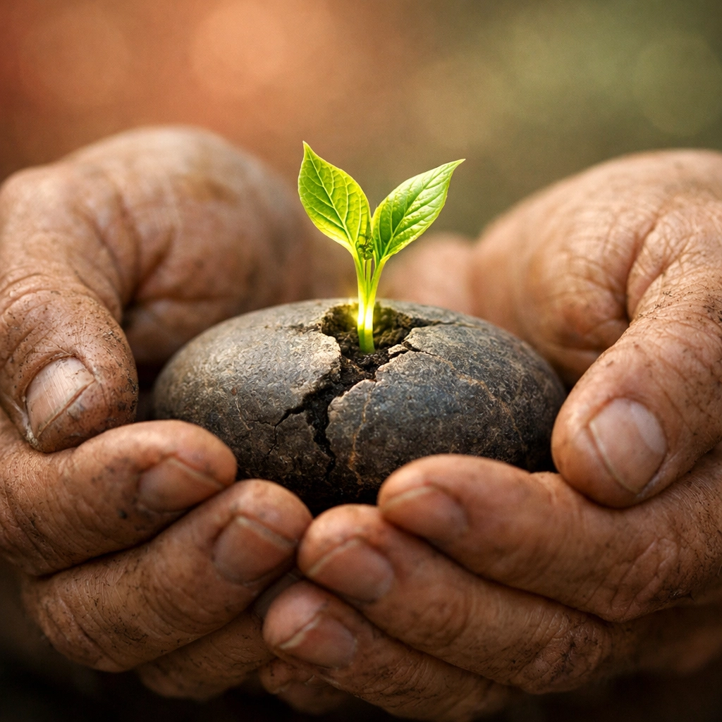 Weathered hands holding a sprout from a stone, symbolizing compassion and healing core wounds.