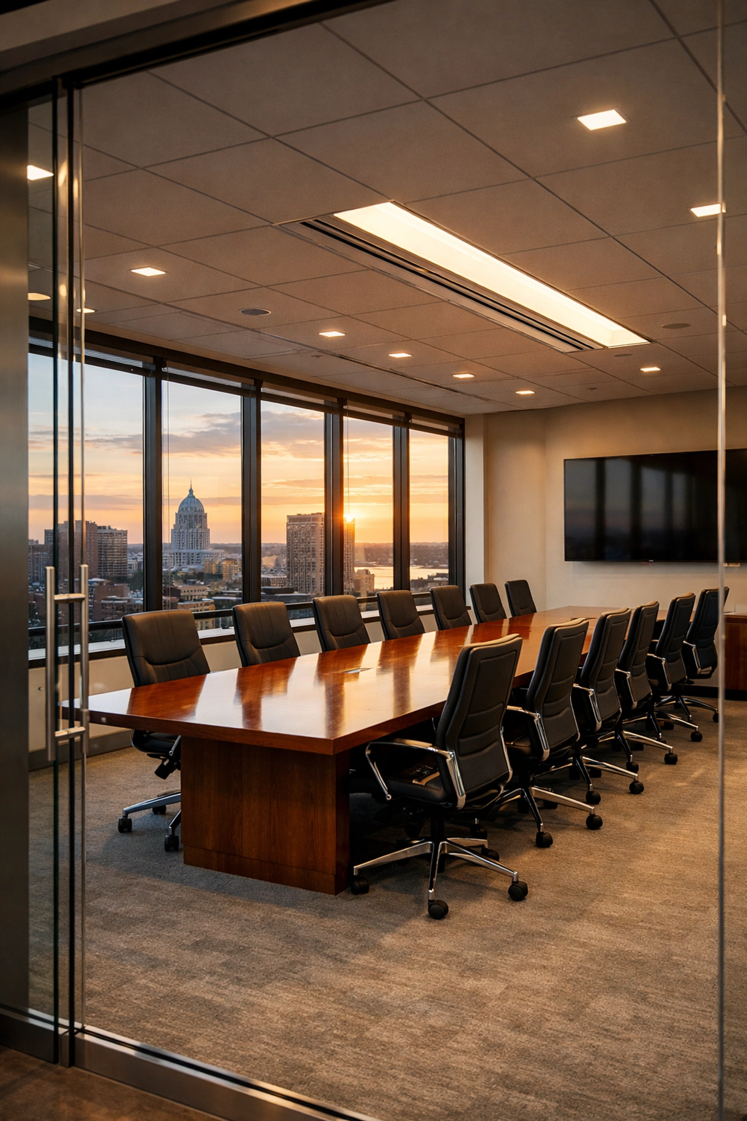 Professional office conference room in Midwest building maintained by commercial cleaning service