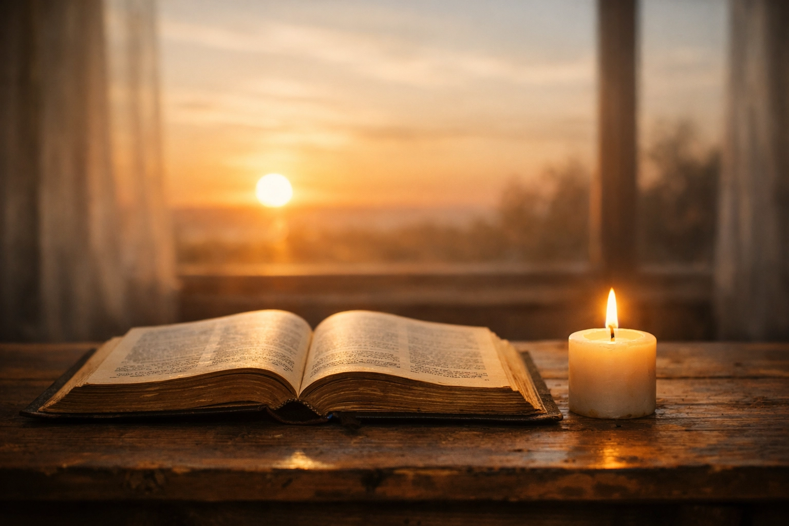 An open Bible and lit candle on a wooden table at sunrise, representing spiritual peace in a chaotic world.