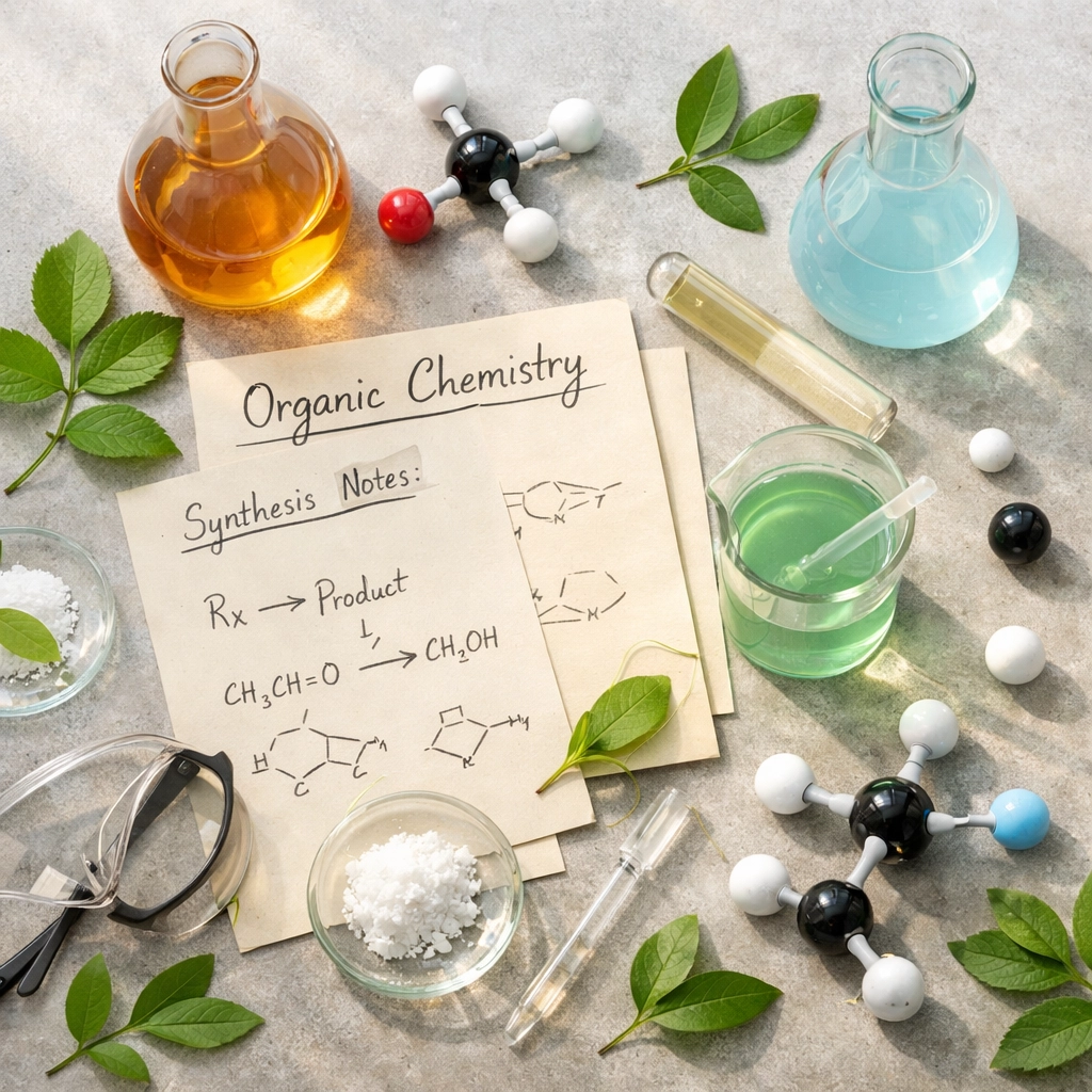 Chemistry laboratory equipment with beakers and molecular models for Olympiad revision