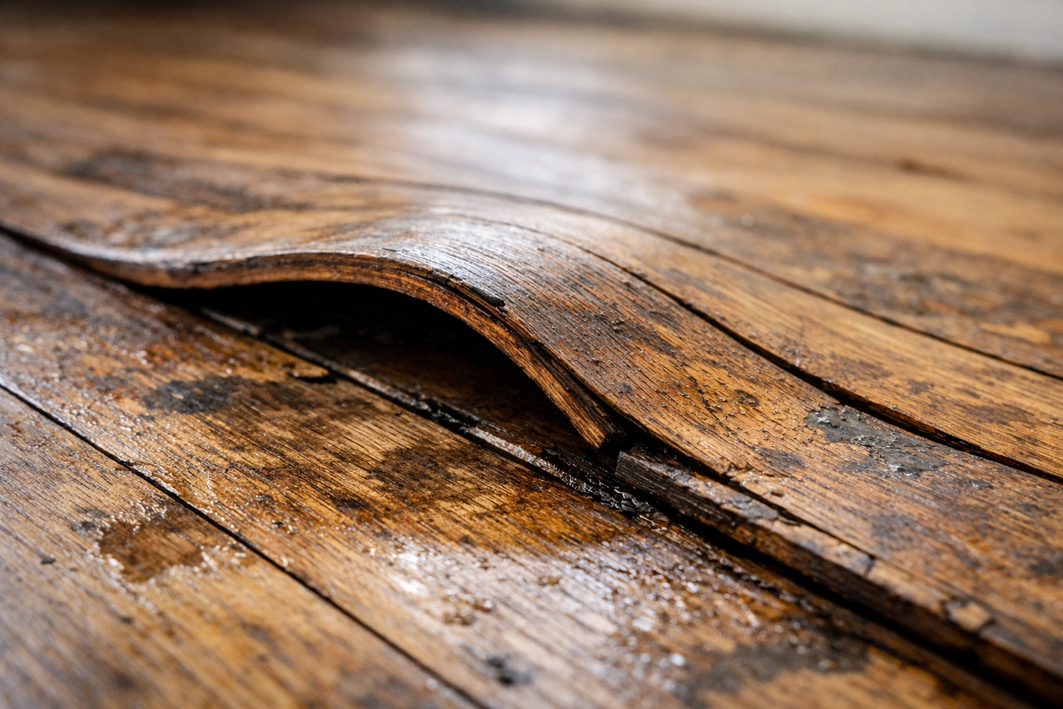Warped and buckled hardwood floor from improper water damage drying