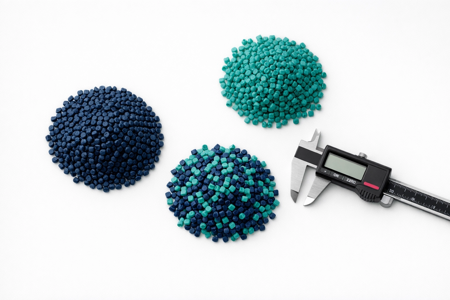 Granulated recycled plastic samples and a digital caliper for technical plastic analysis and R&D reporting.