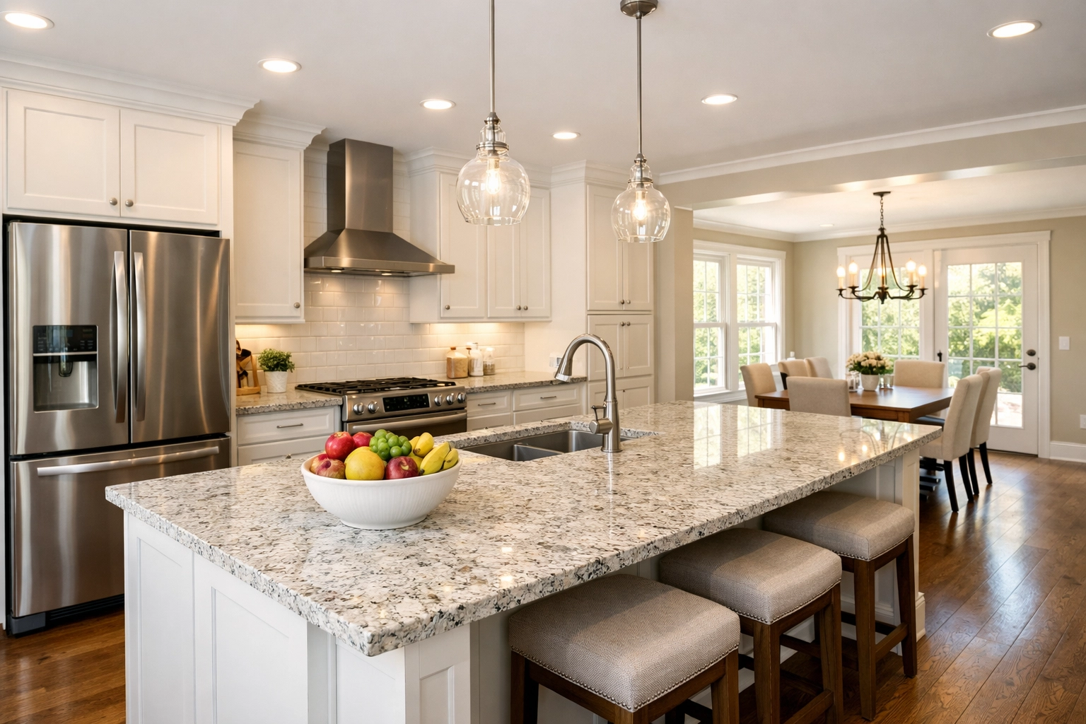 Bright, modern kitchen interior with granite island in a high-quality site-built home.