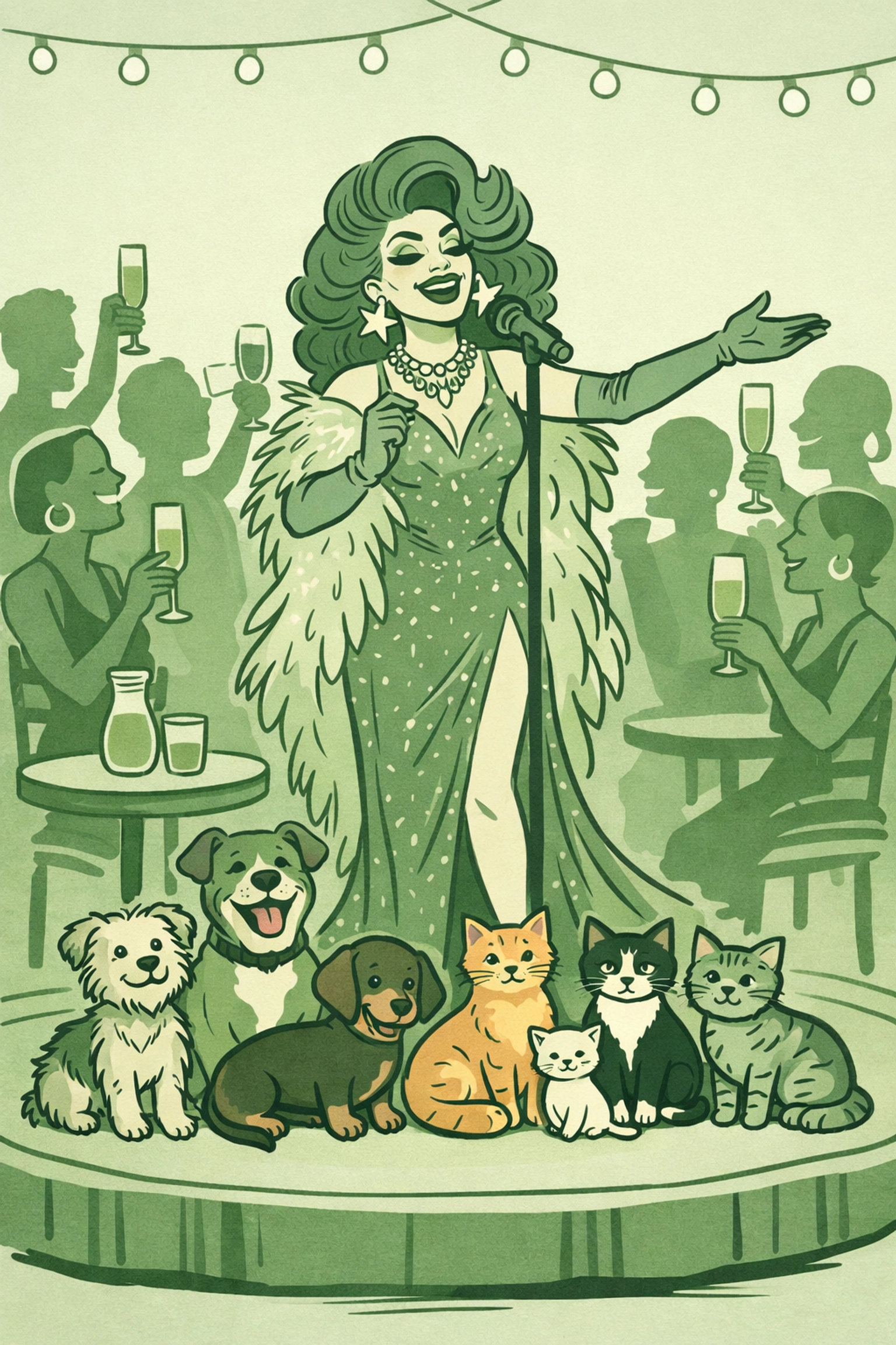 Drag queen performing at charity brunch fundraiser with rescue dogs and cats for animal welfare