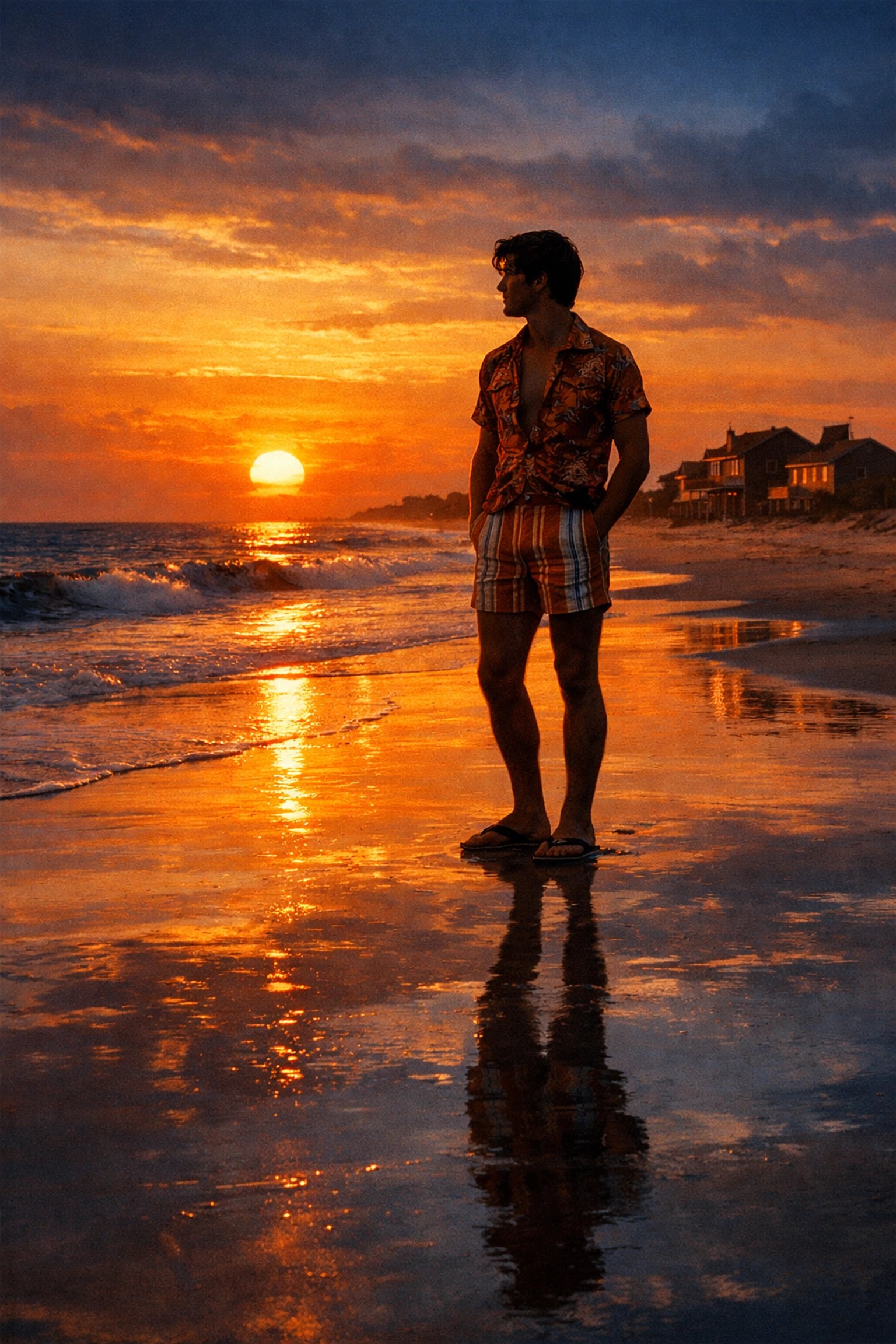 Young gay man on Fire Island beach at sunset representing 1970s isolation and beauty
