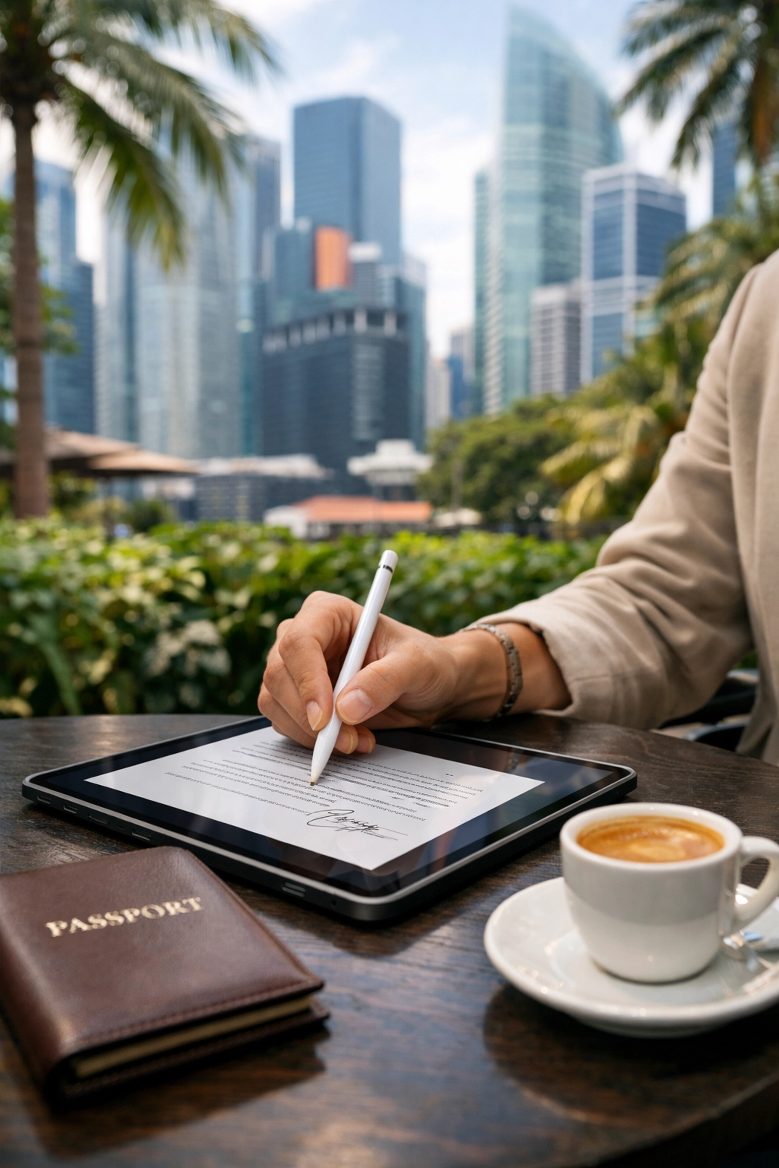 Professional signing remote UK mortgage documents digitally while residing abroad in Singapore.