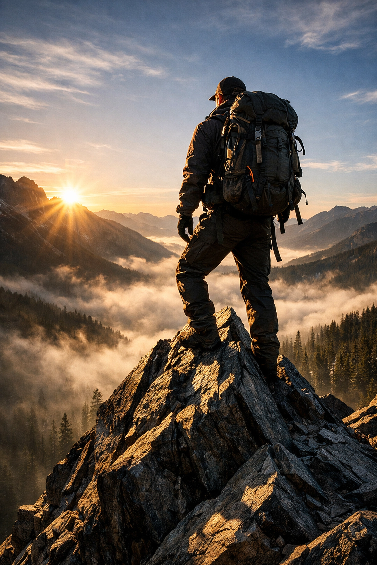 Outdoor adventurer with wholesale hiking gear overlooking a mountain valley at sunrise.