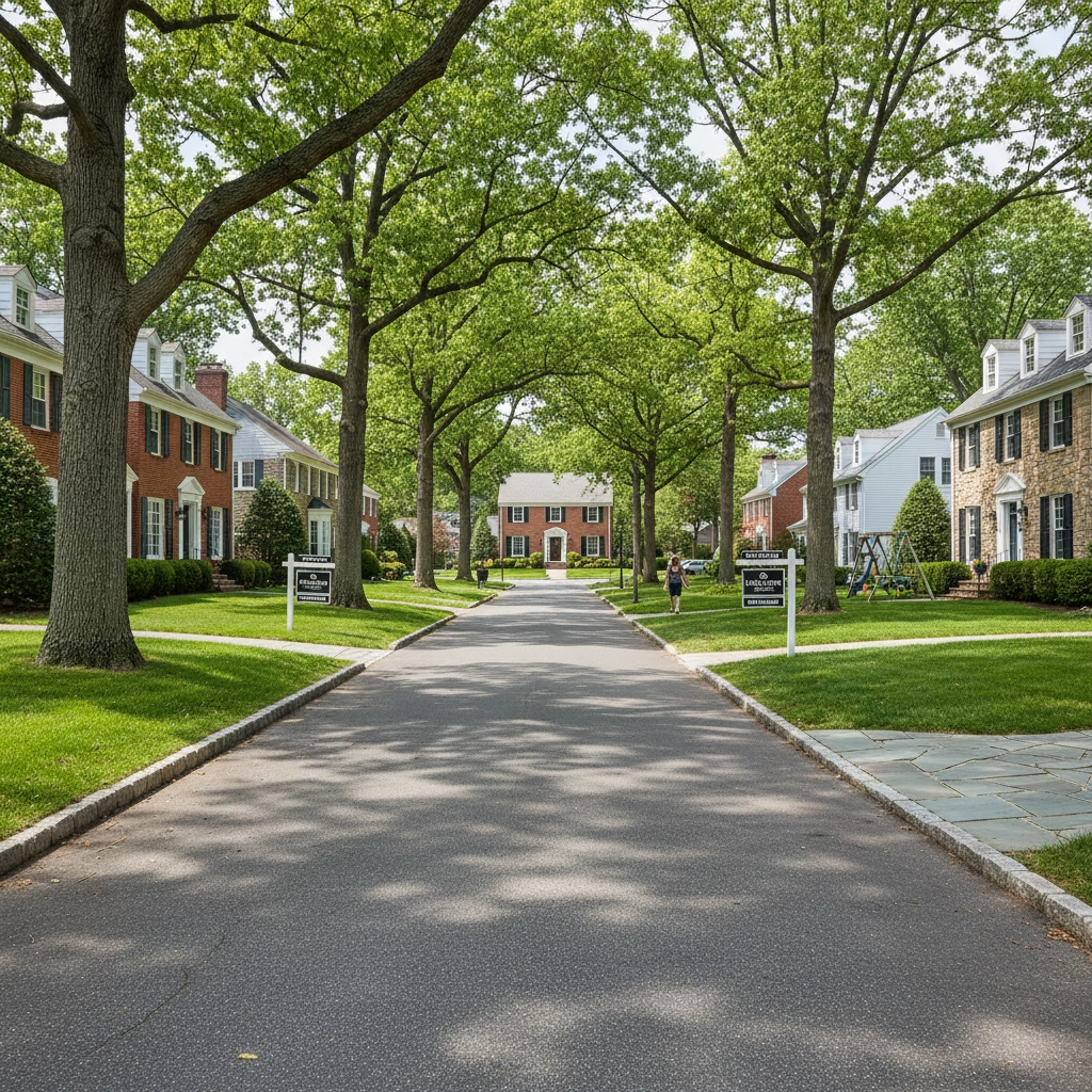 A modern residential street scene, representing desirable neighborhoods in Burlington and Camden County for holiday home buying A modern residential street scene, representing desirable neighborhoods in Burlington and Camden County for holiday home buying