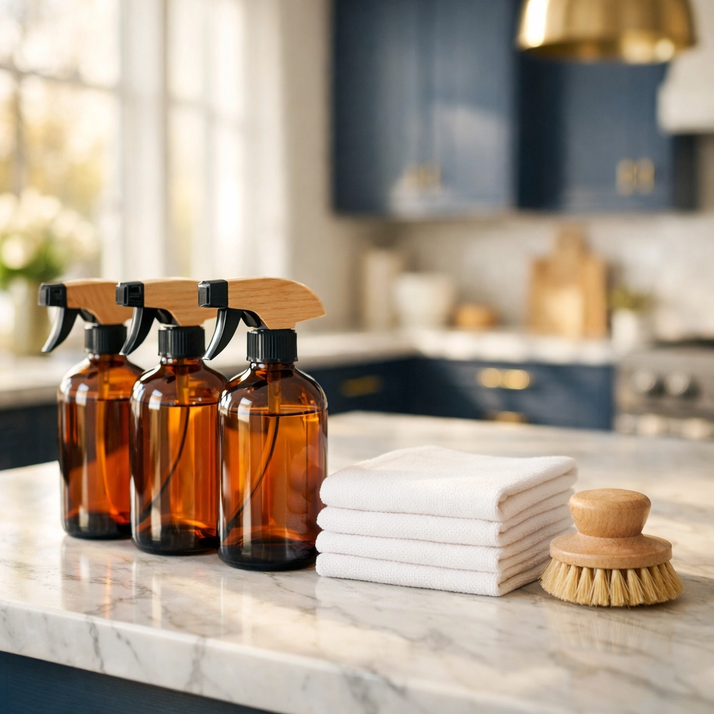 Non-toxic cleaning supplies and microfiber cloths in a modern Wellesley MA kitchen.