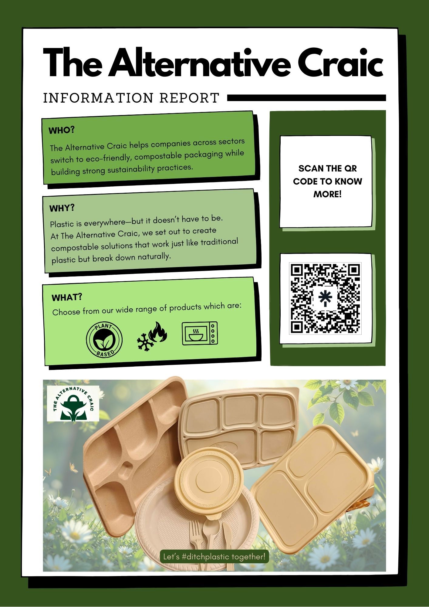 Information report detailing The Alternative Craic’s mission and product range featuring compostable plant-fiber trays