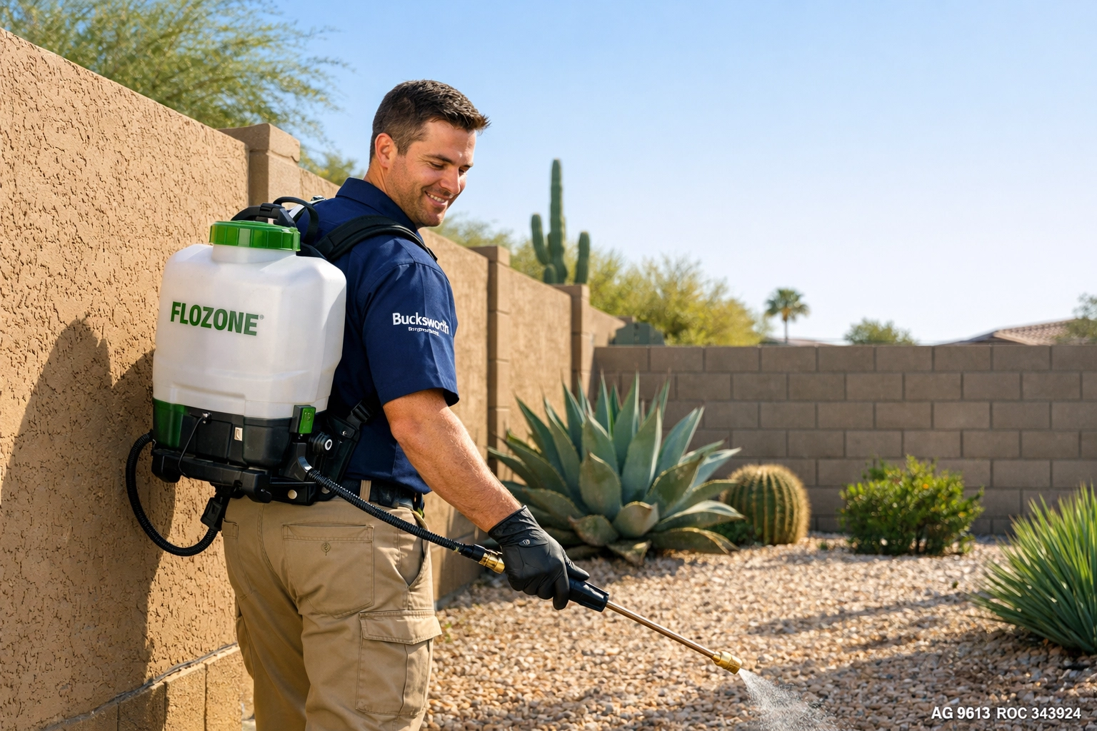 Bucksworth technician applying a liquid pest control barrier in Scottsdale, AZ 85251 for scorpion prevention.