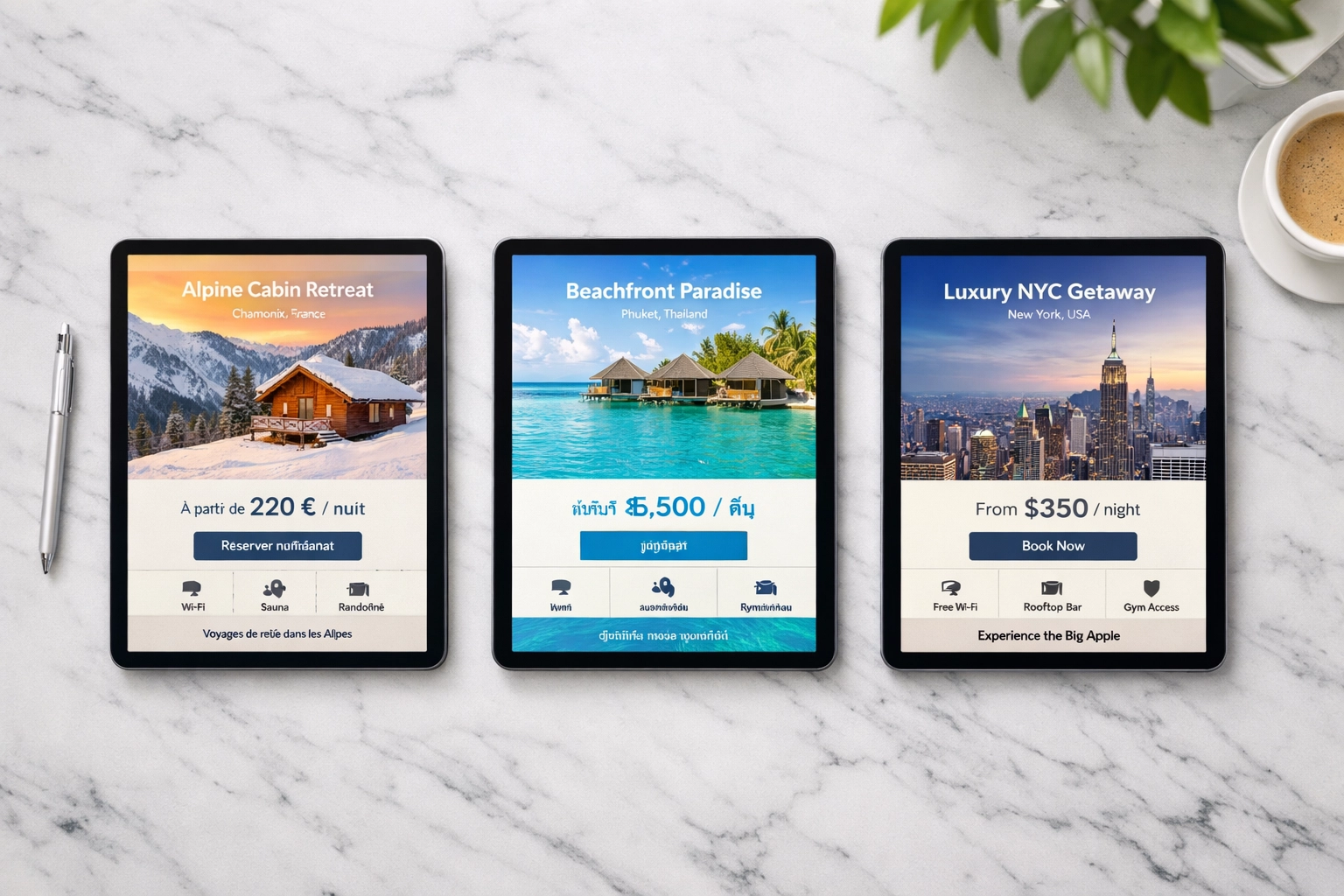 Localized landing pages on multiple tablets showing different currencies for global PPC conversion success.