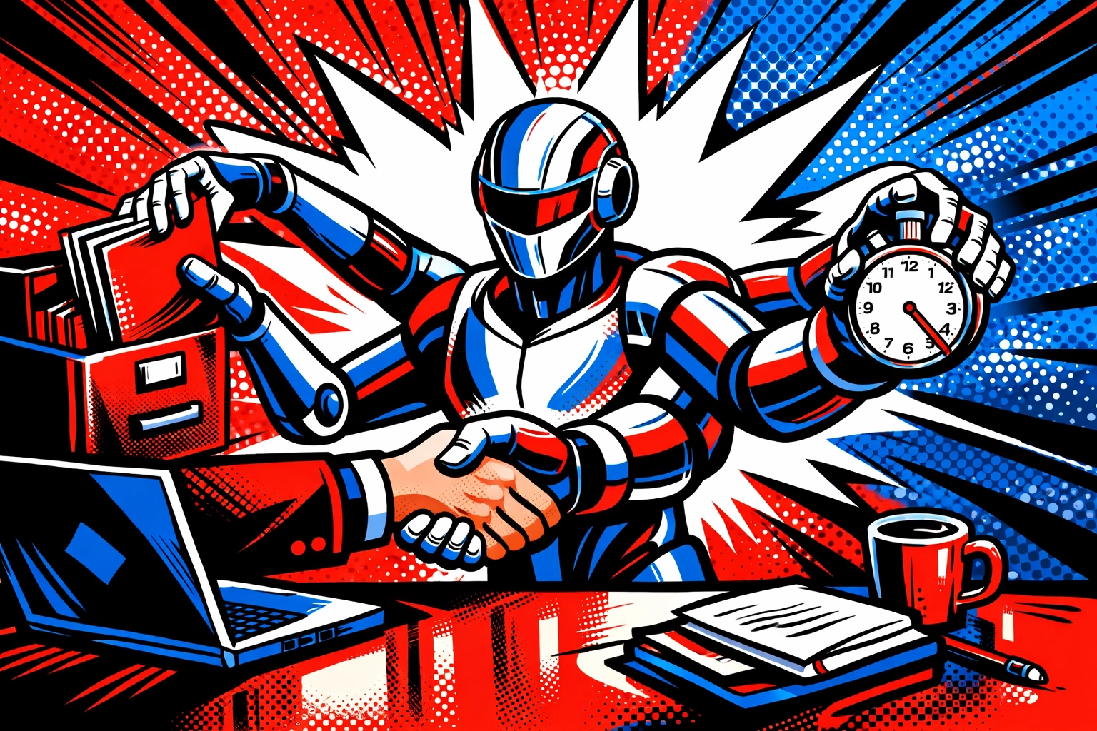 A multi-armed robot in an office representing efficient AI automation of administrative business tasks.