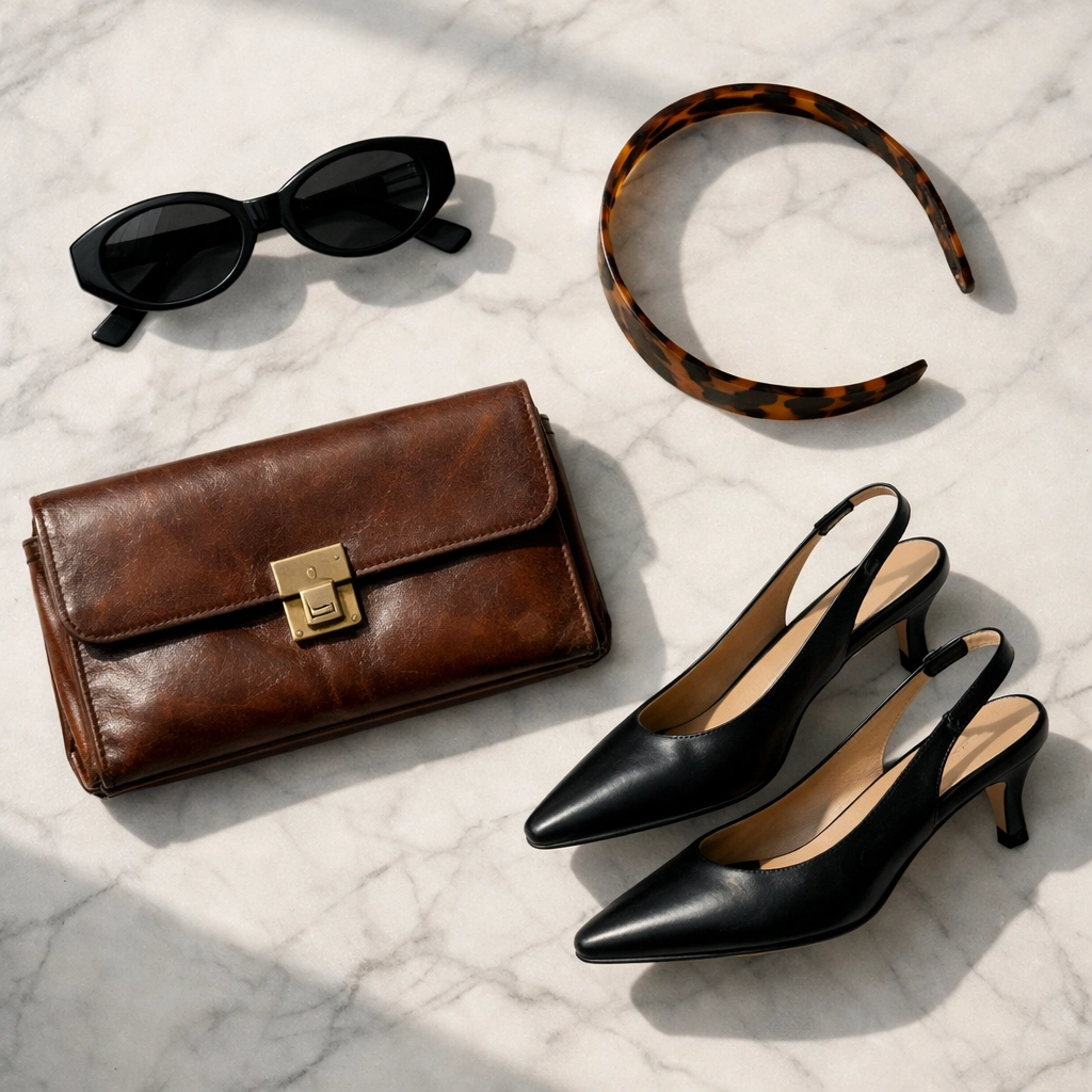 90s minimalist fashion accessories including oval sunglasses and a headband for the old money aesthetic.