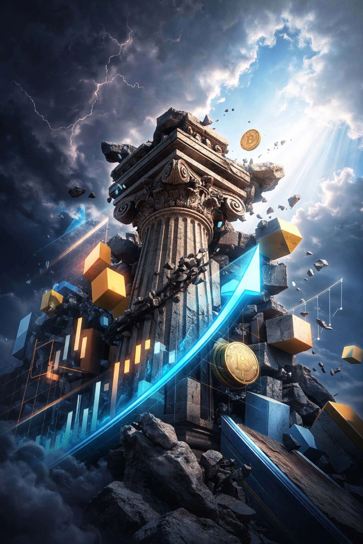 Symbolic image of traditional finance structures giving way to modern investment strategies amid market volatility