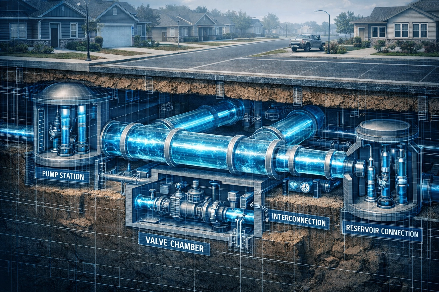 Underground water infrastructure and utility pipes beneath North Texas residential streets