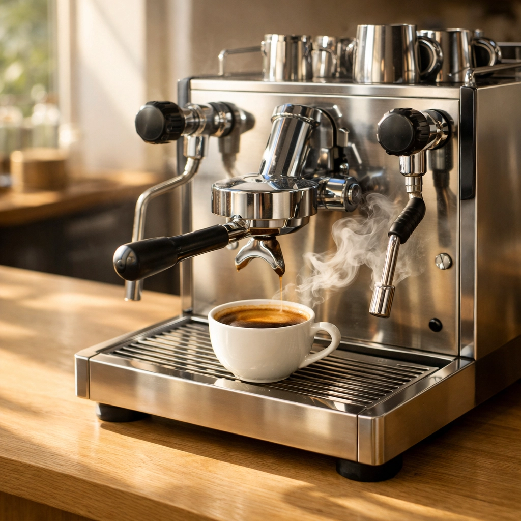 Professional espresso machine brewing a cup of specialty coffee with thick crema in a sunny cafe.