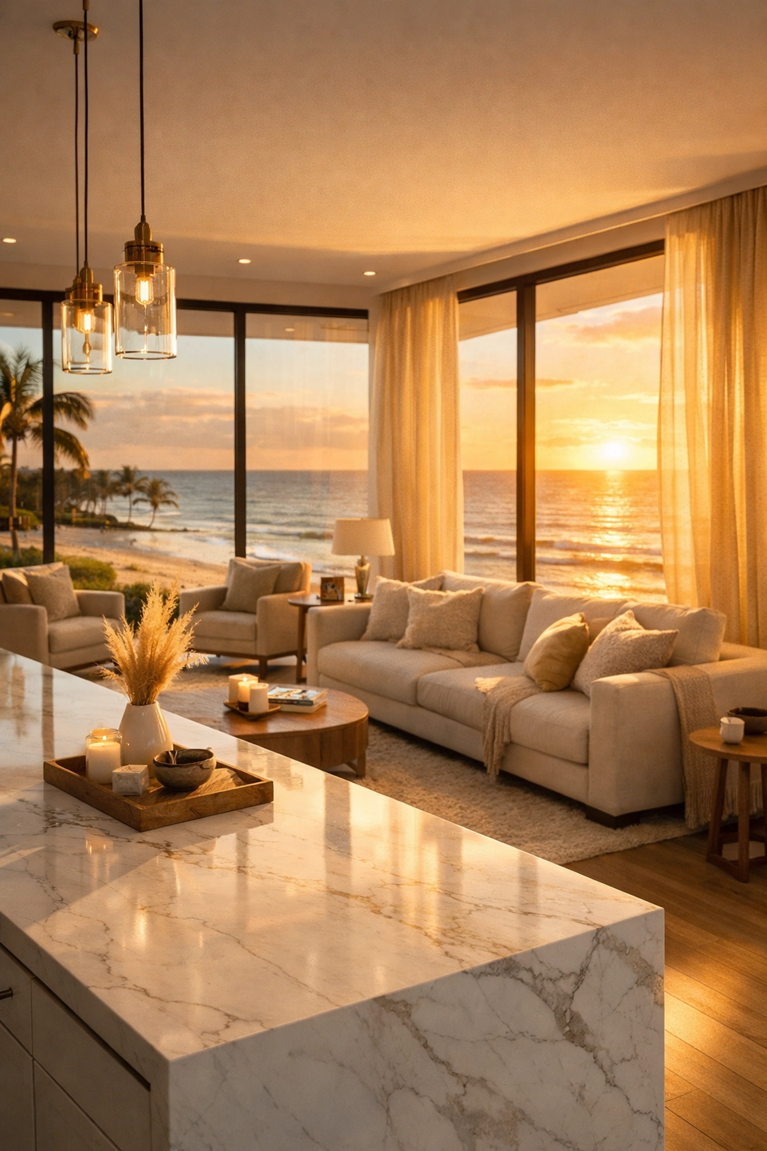 Luxury beachfront vacation rental interior with ocean views and marble kitchen