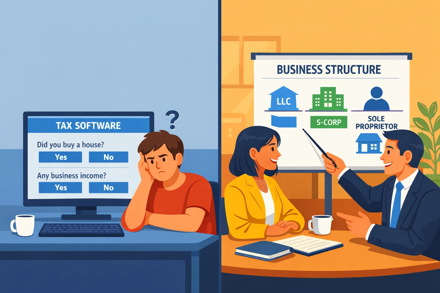 Comparison of DIY tax software versus professional tax advisor discussing business entity options