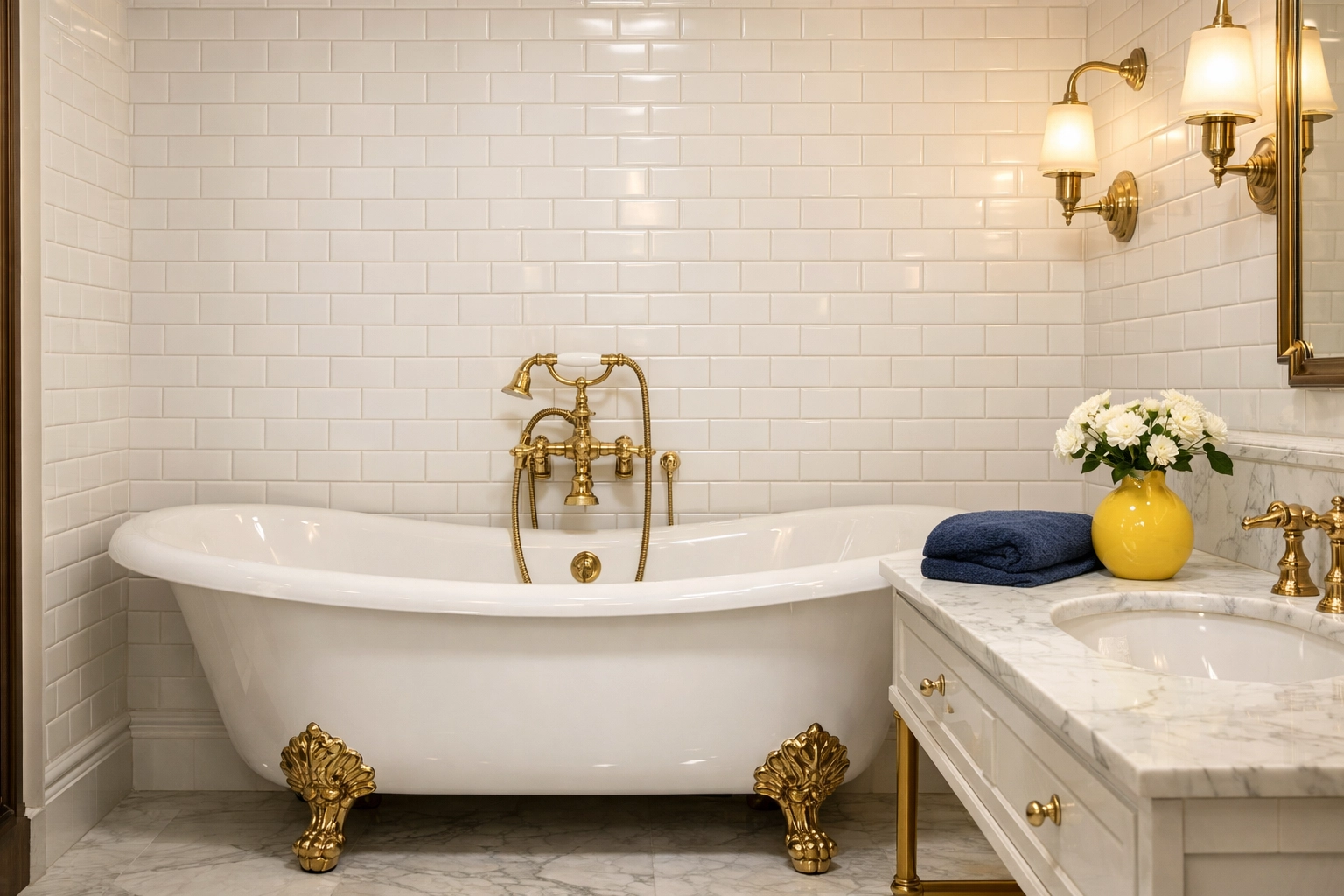 Restored bathroom with sparkling grout and vintage tub after professional deep cleaning services.