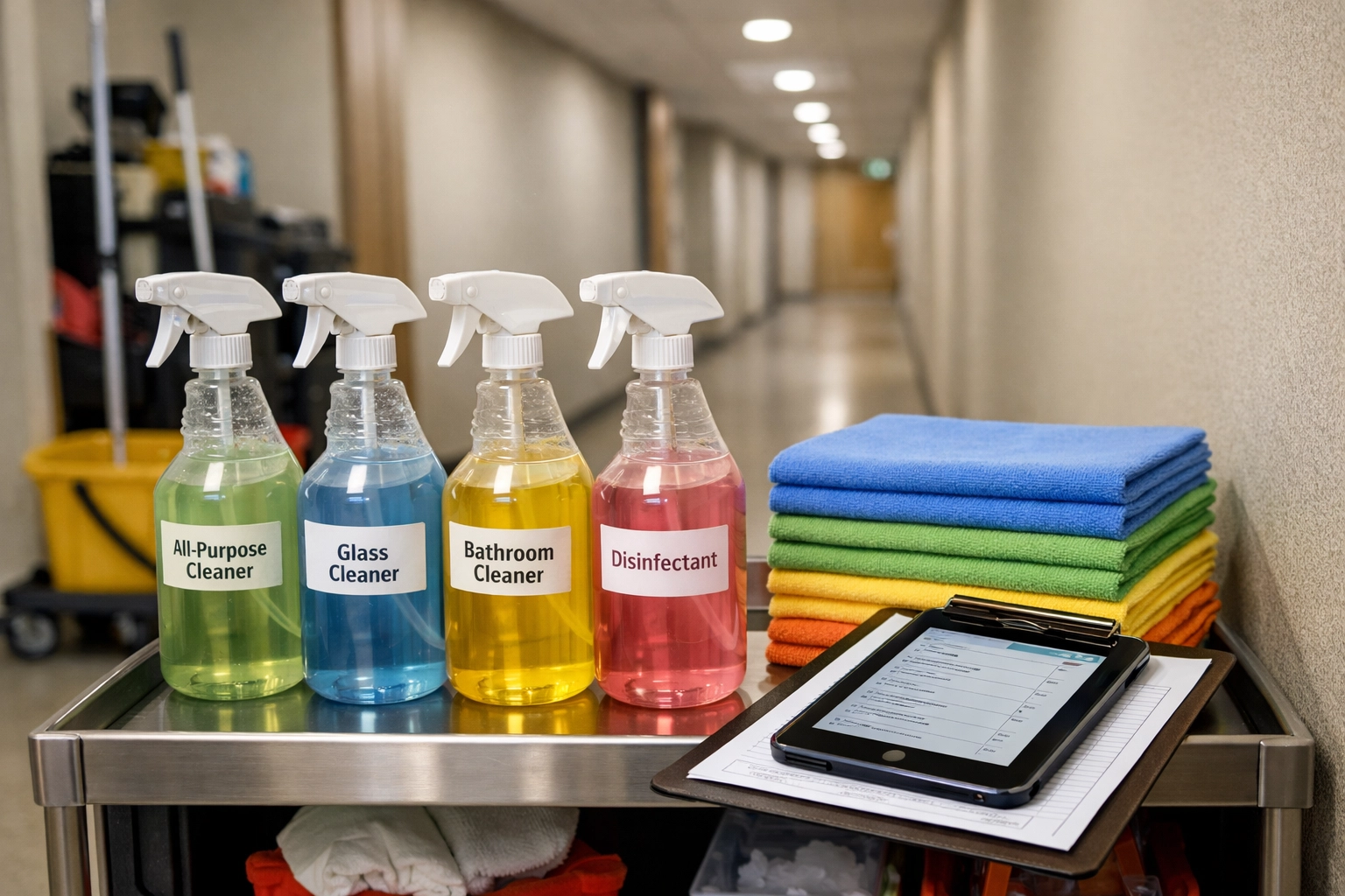 Organized janitorial cleaning supplies and digital tablet for service documentation and risk management.