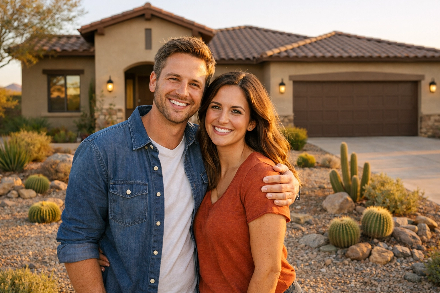 Happy couple in front of their new Arizona home