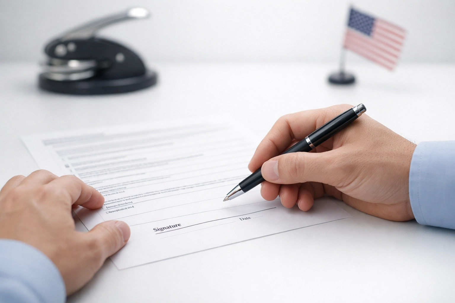 Hands signing official tax form with notary seal for document authentication