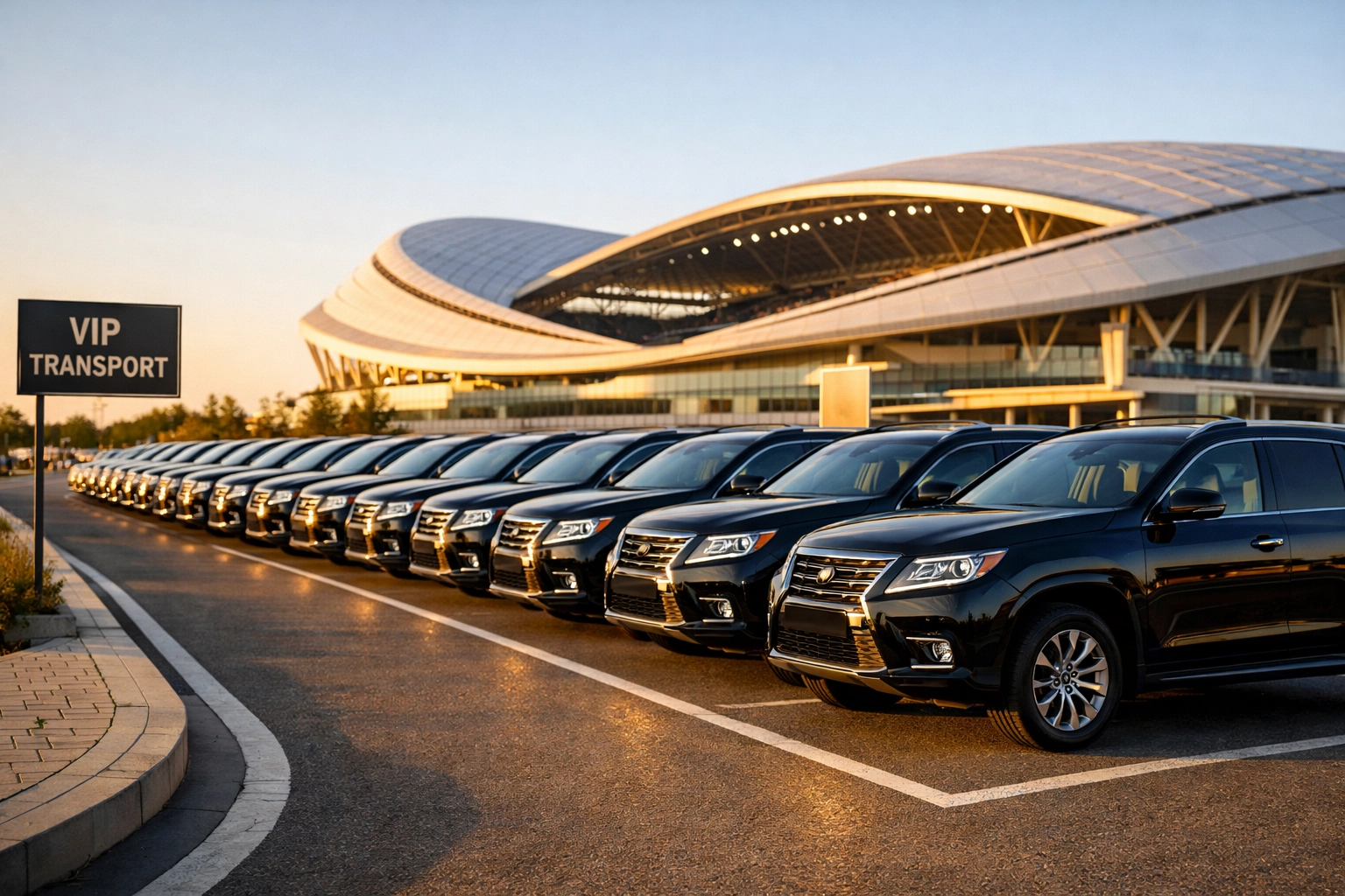 Fleet of black luxury executive SUVs parked near a stadium for Super Bowl VIP transportation logistics.