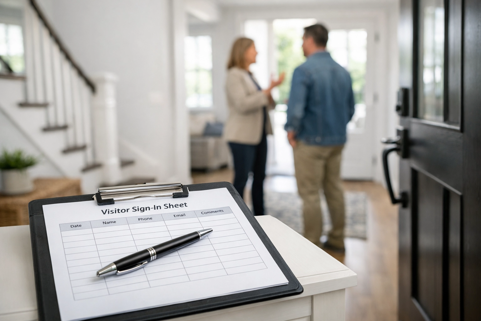 FSBO home showing with buyer sign-in clipboard and two people for safe property viewing