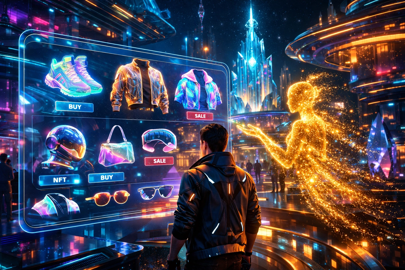 Larecoin AI assistant guiding a user through a metaverse shop for AI-powered crypto payments.