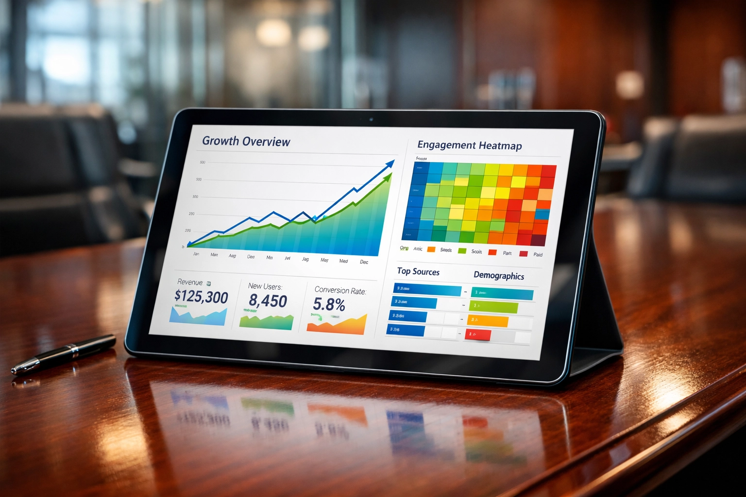 A digital tablet on a boardroom table showing data analytics and growth charts for a brand sponsorship campaign.