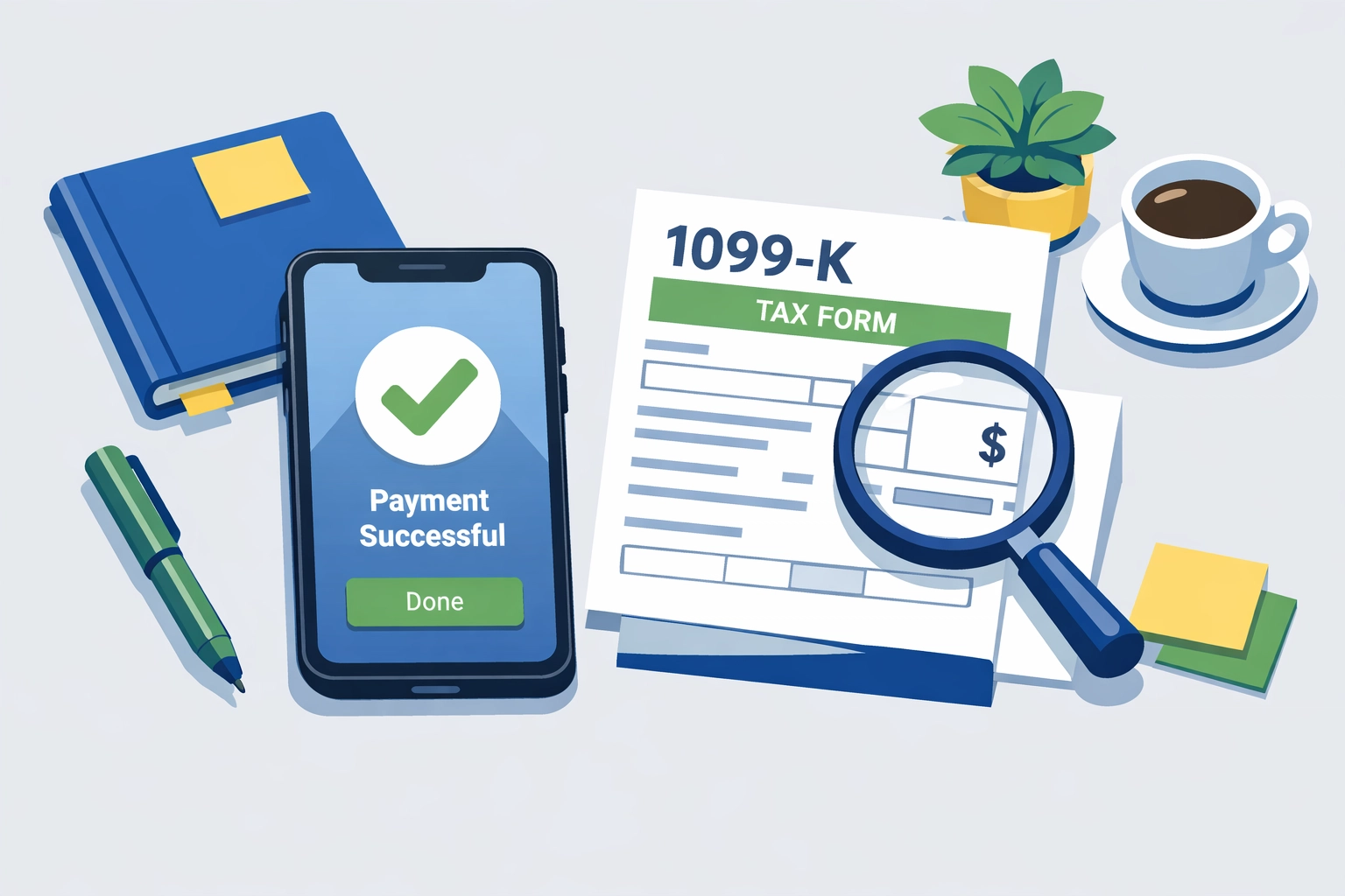 Smartphone showing a payment app next to a 1099-K tax document for income verification.