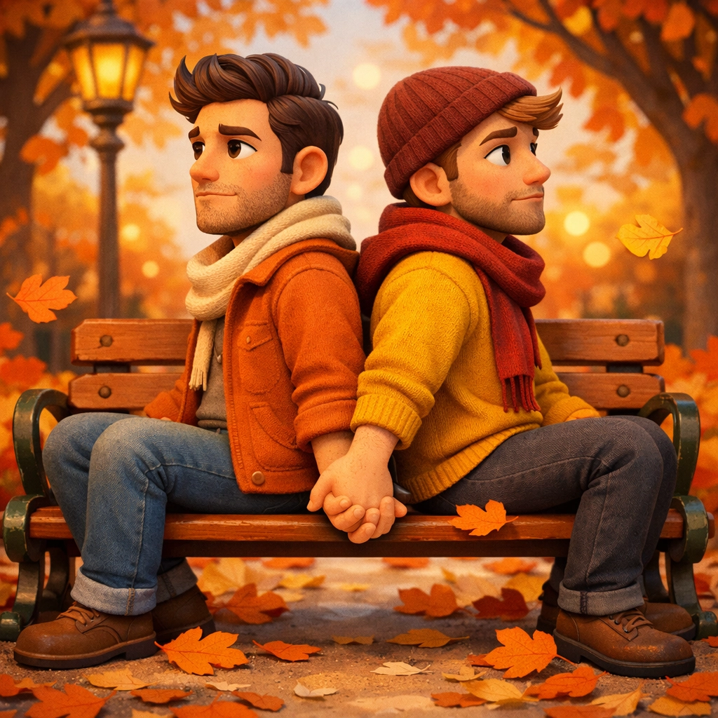 Best friends holding hands secretly on park bench in friends to lovers gay romance