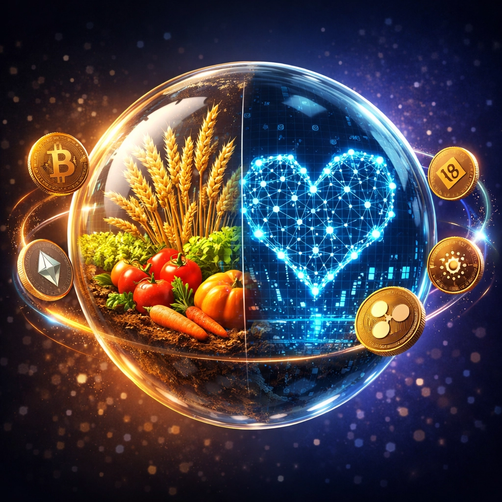 Blockchain globe showing global hunger relief and cryptocurrency social impact integration