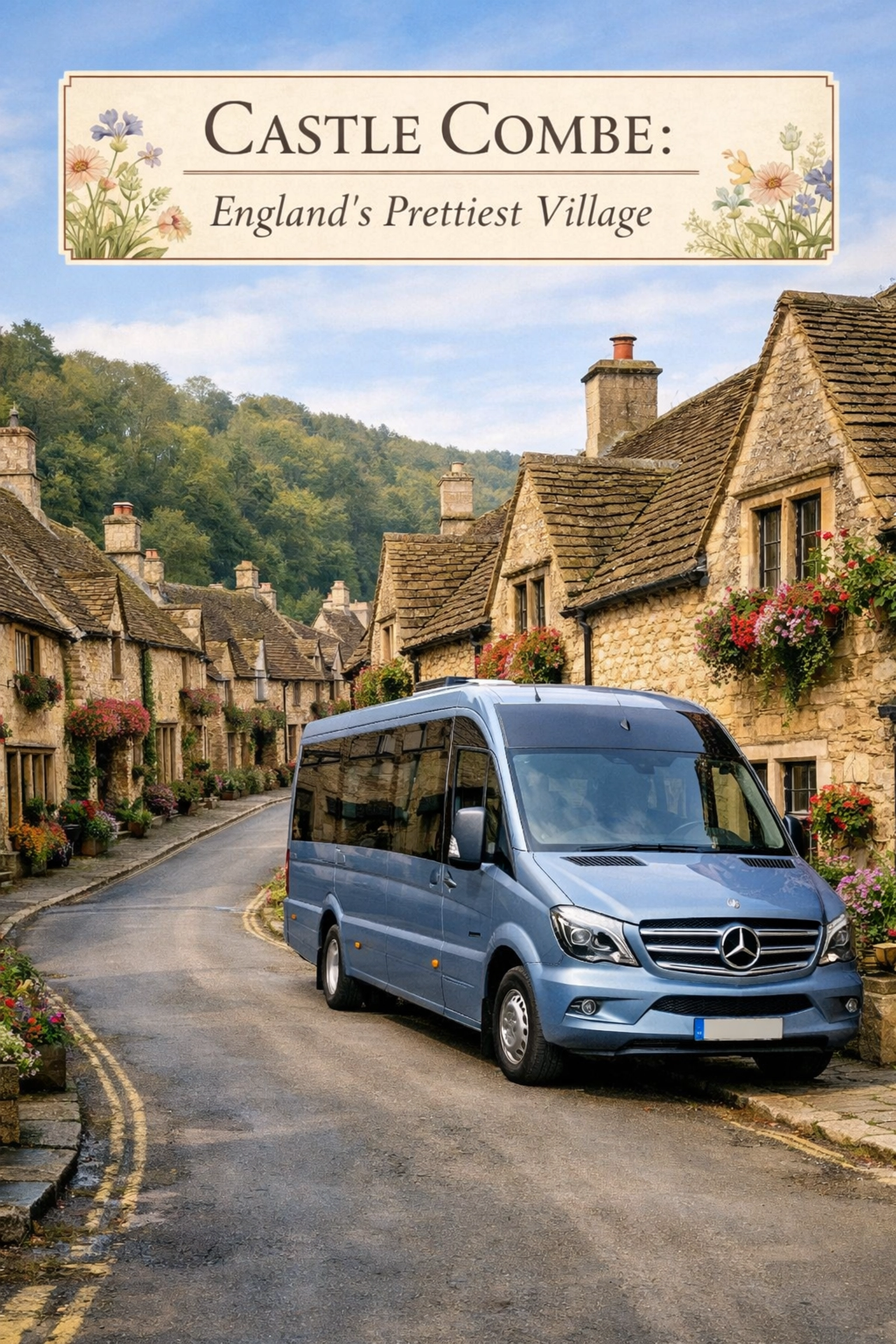 Silver Blue Mercedes minibus parked on the historic main street of Castle Combe village in the Cotswolds.