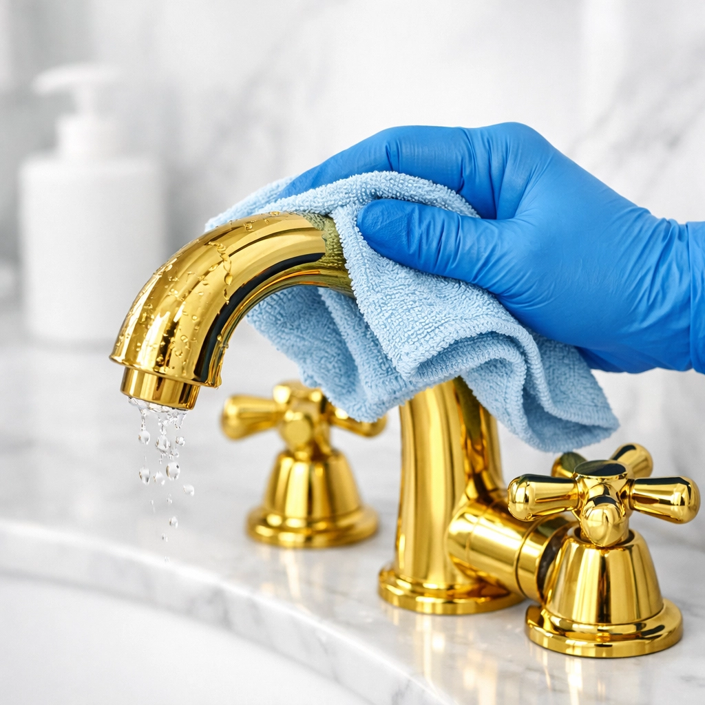 Professional apartment cleaning in Boston showing a detail-oriented ninja cleaning a gold bathroom faucet.