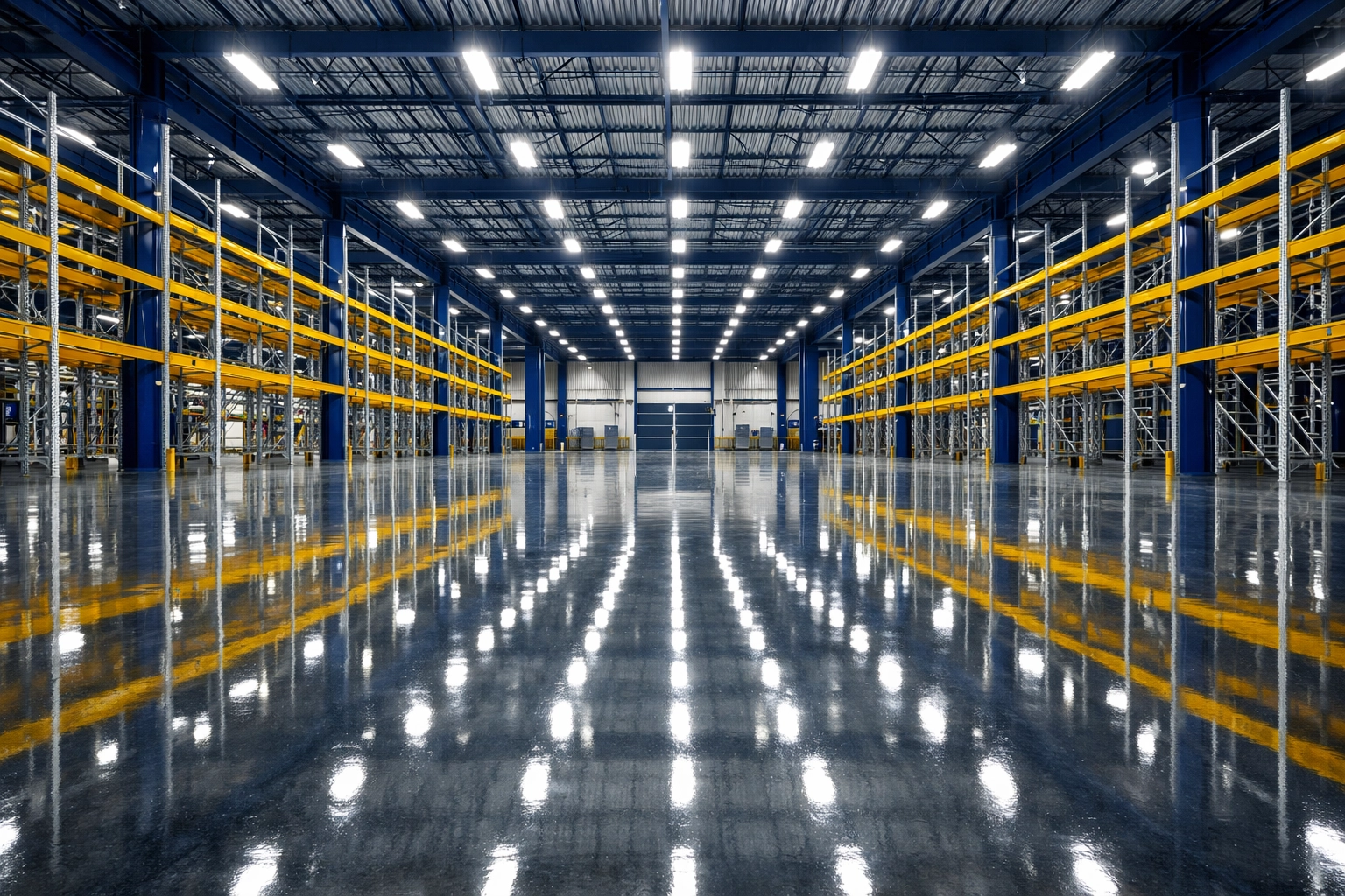 Industrial warehouse interior with polished concrete floors and organized racks after professional cleaning.