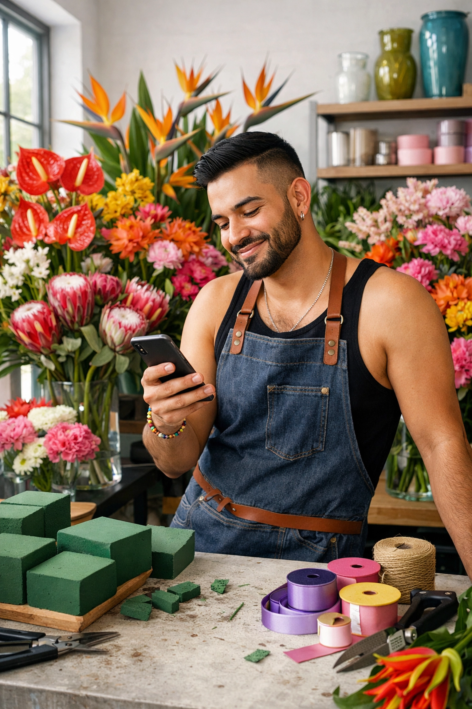 Professional gay florist managing business in flower workshop surrounded by colorful tropical blooms