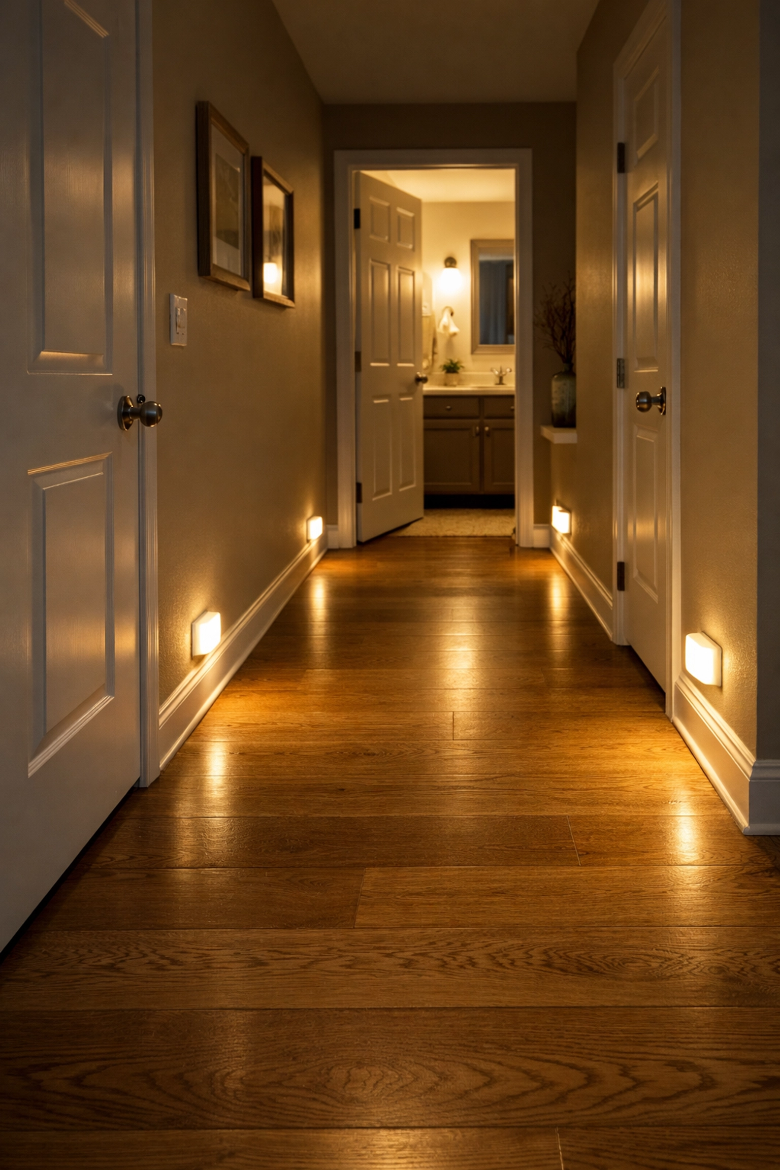Hallway with low-level motion-sensor nightlights providing a clear path to the bathroom at night.