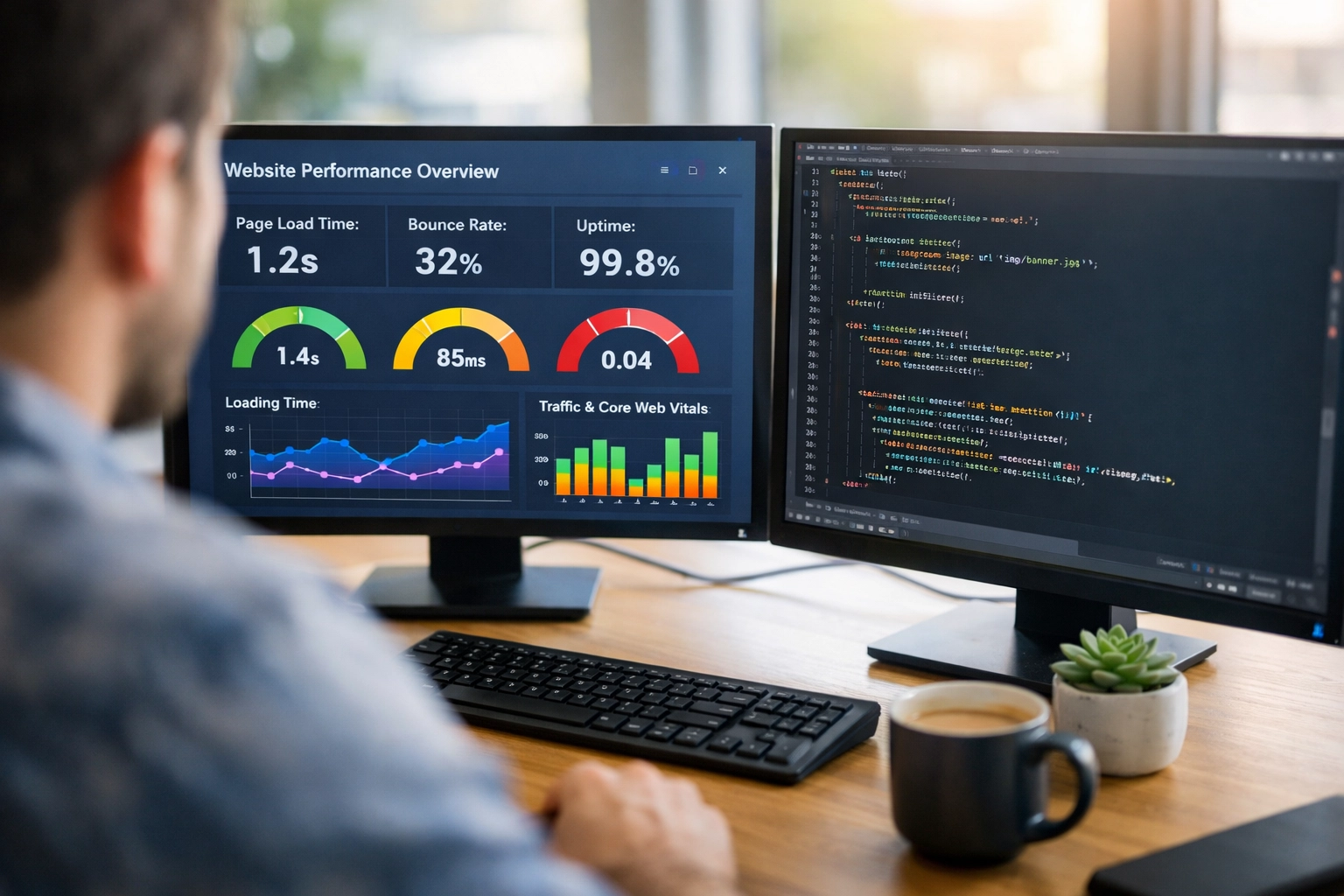 Website performance dashboard showing speed metrics and optimization data