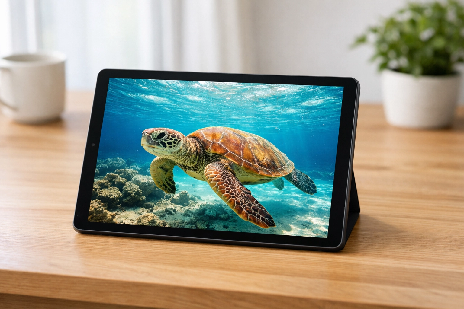 Digital tablet displaying high-resolution sea turtle stock photography for aquarium engagement.