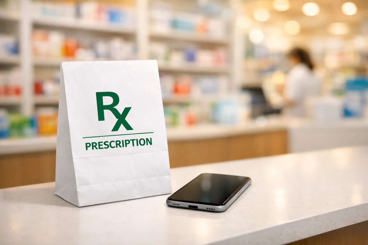 Pharmacy counter with prescription bag ready for Wegovy or Zepbound pickup