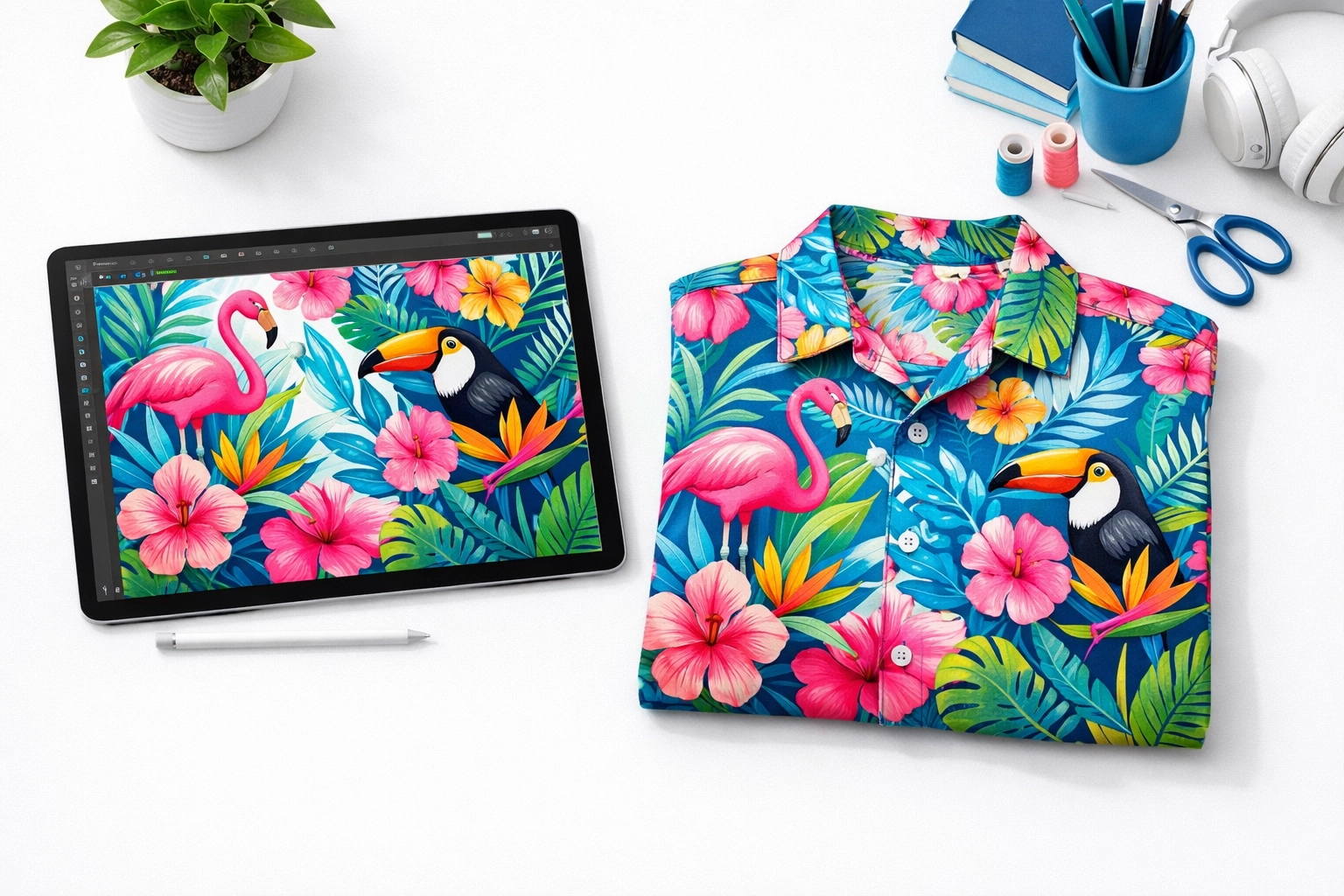 A digital design on a tablet next to the finished custom printed garment in a Kona studio.