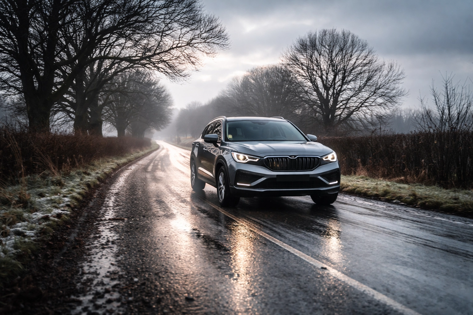 New SUV driving on a wet, salt-covered British road in winter, illustrating harsh conditions that cause vehicle rust.