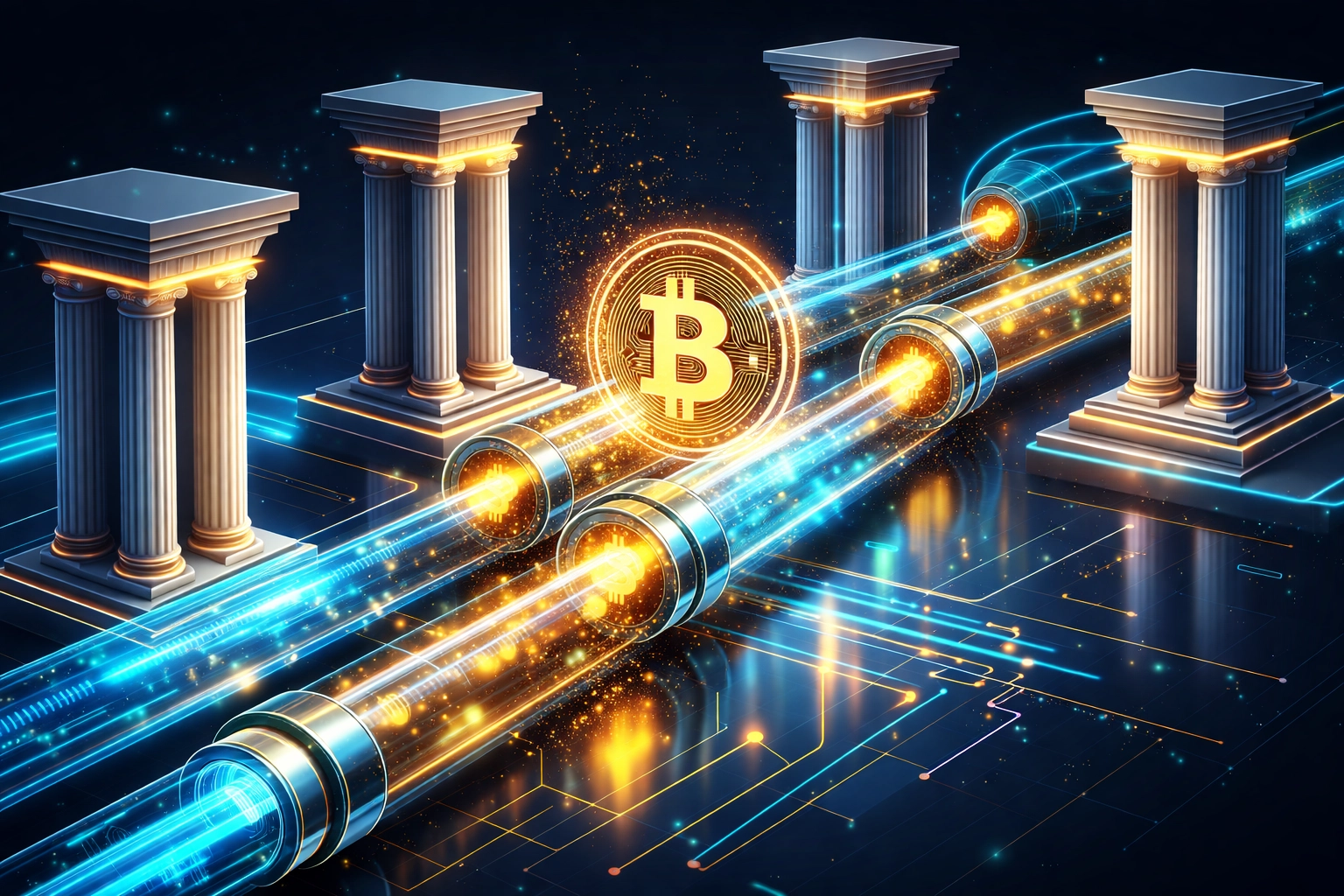 Blockchain and Bitcoin symbols connecting traditional bank columns, highlighting the integration of cryptocurrency and institutional finance for exclusive investments.