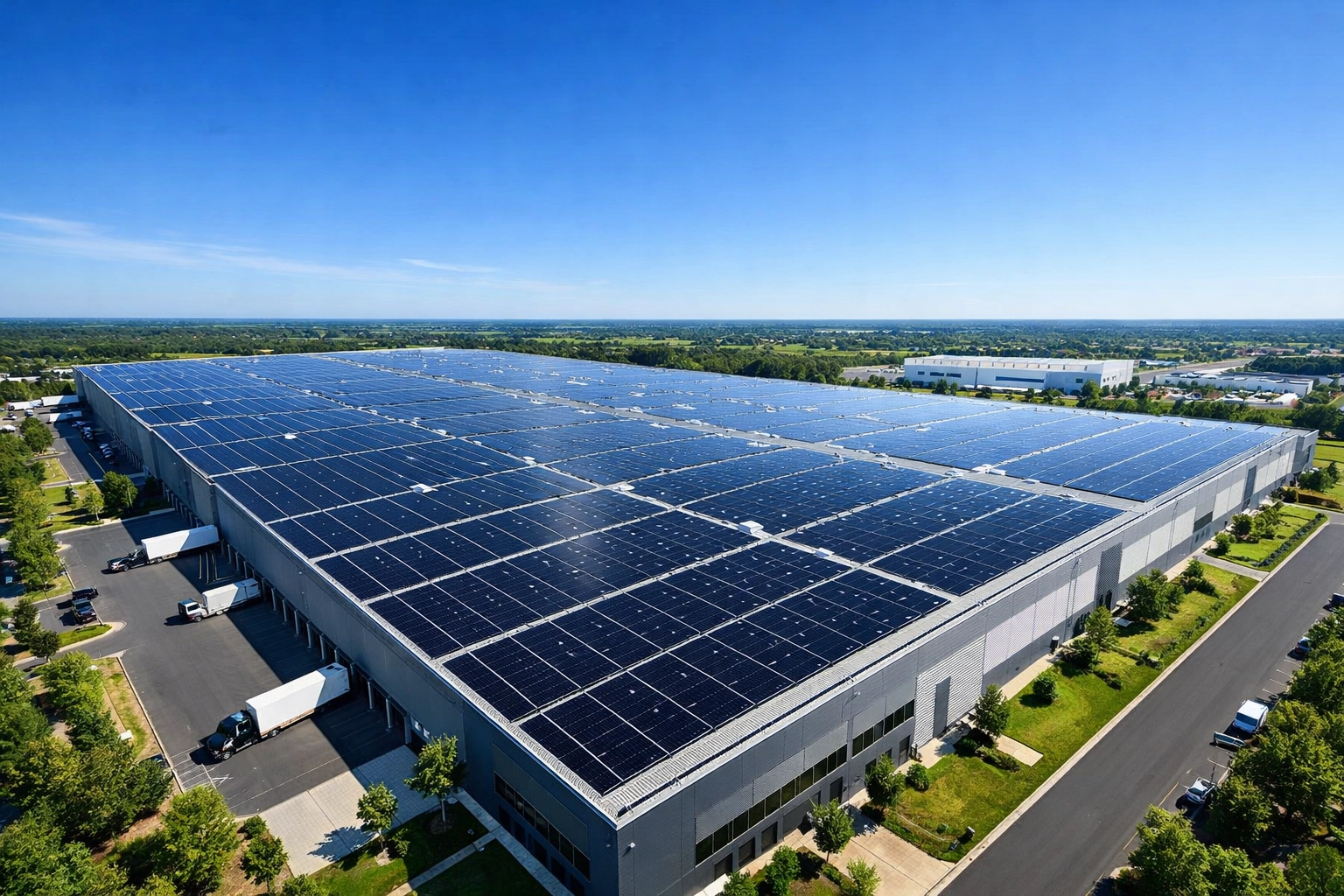 Commercial rooftop solar panel installation on a modern warehouse to secure business energy independence.
