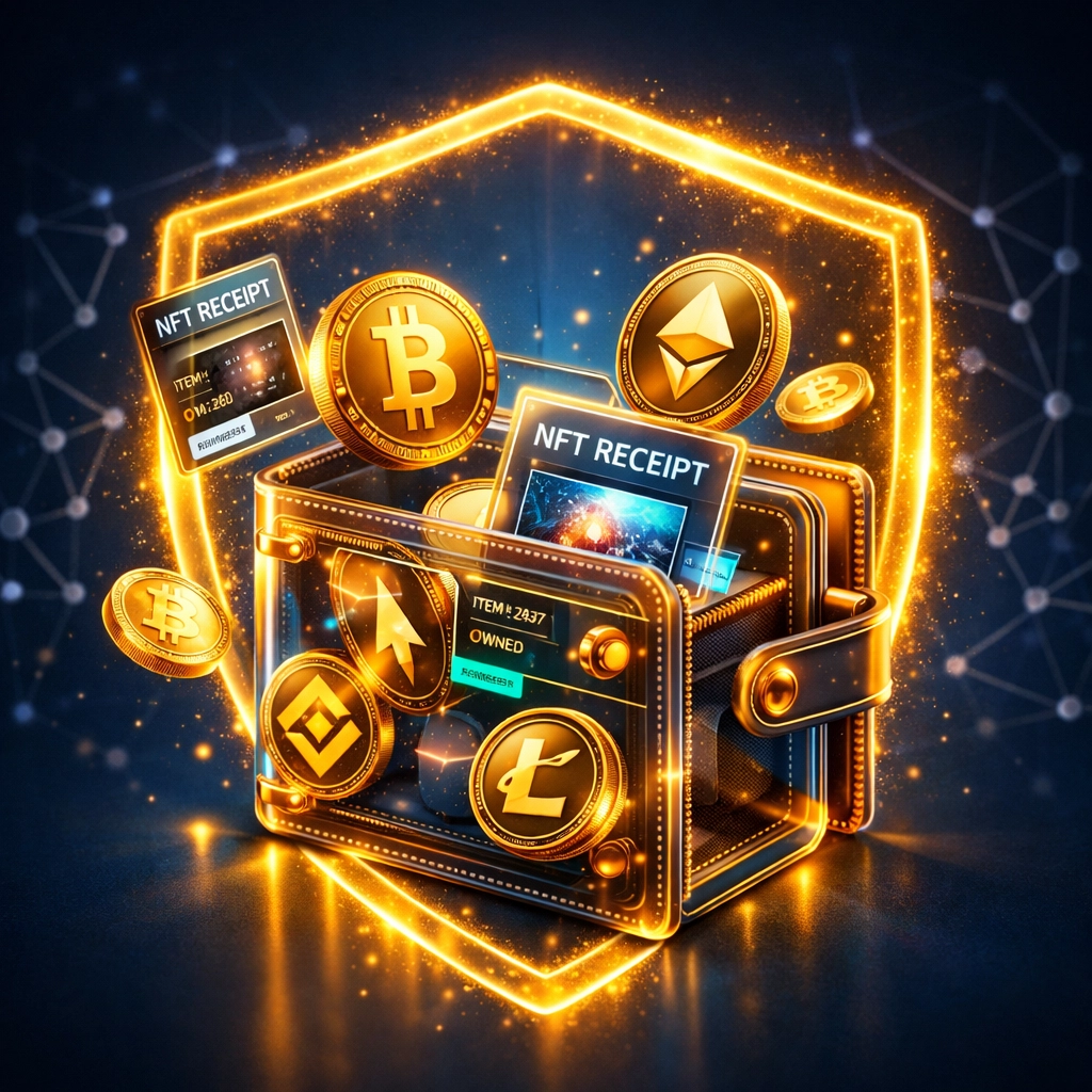 Self-custody crypto wallet with NFT receipts and blockchain security protection